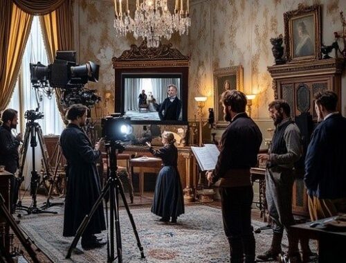 Tournage en costumes dans un intérieur historique, avec caméras et acteurs