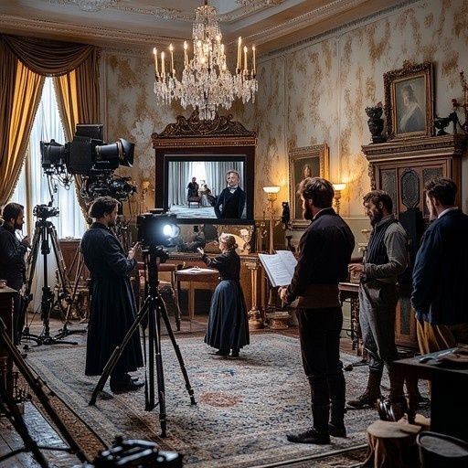 Tournage en costumes dans un intérieur historique, avec caméras et acteurs
